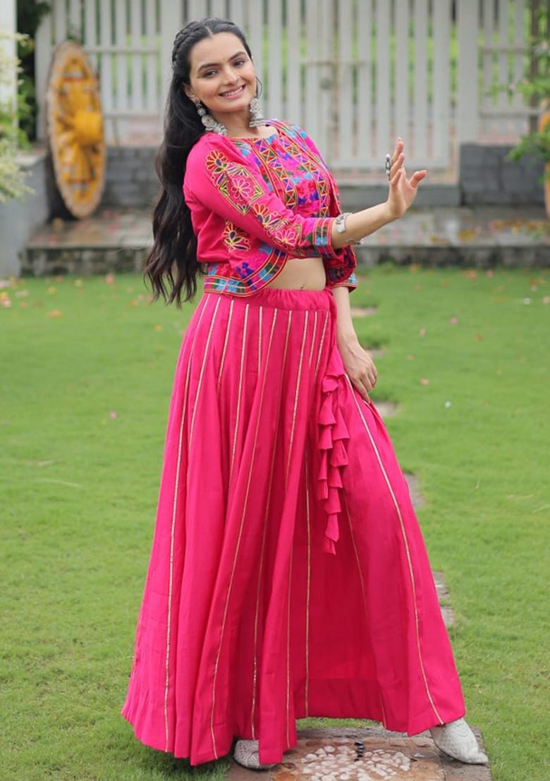 Pink Embroiderd Blended Lehenga Set - Indya