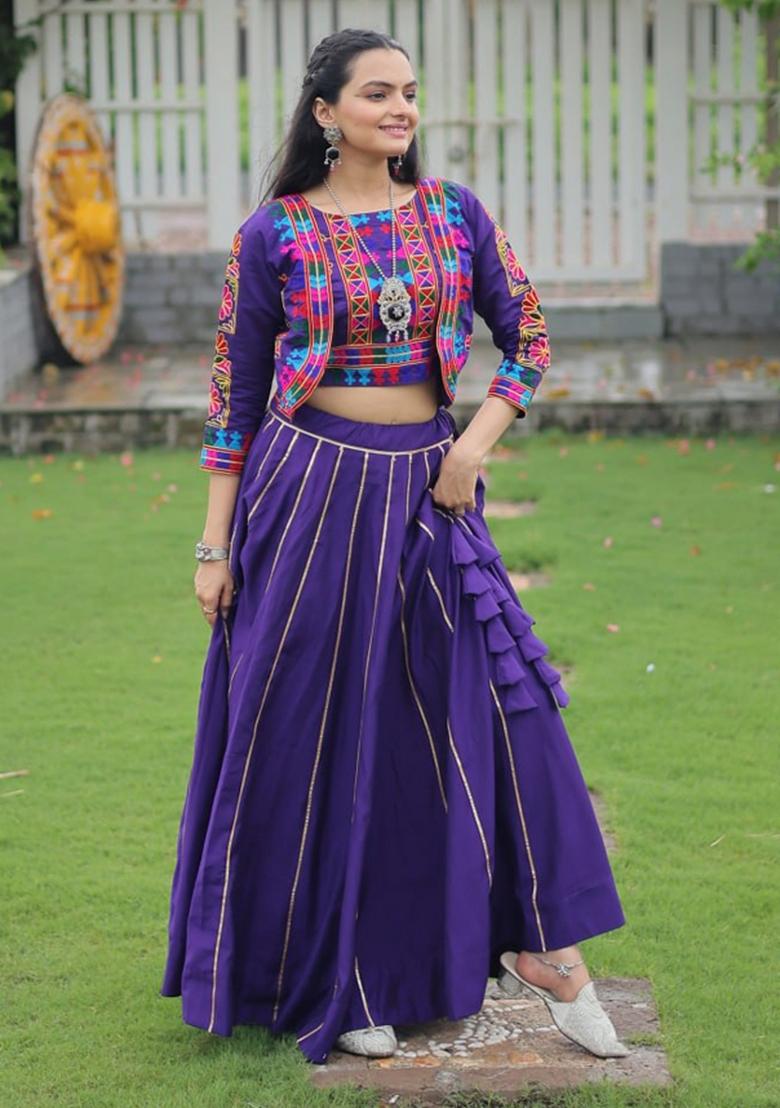 Purple Embroiderd Blended Lehenga Set - Indya