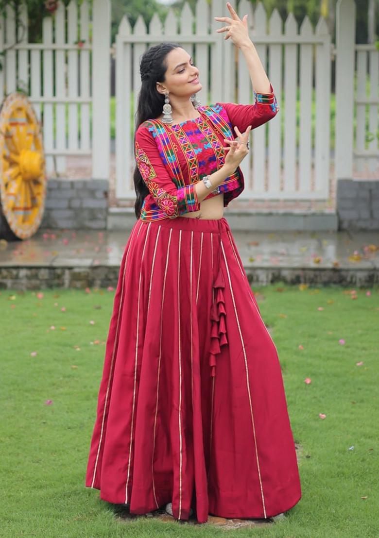 Maroon Embroiderd Blended Lehenga Set - Indya