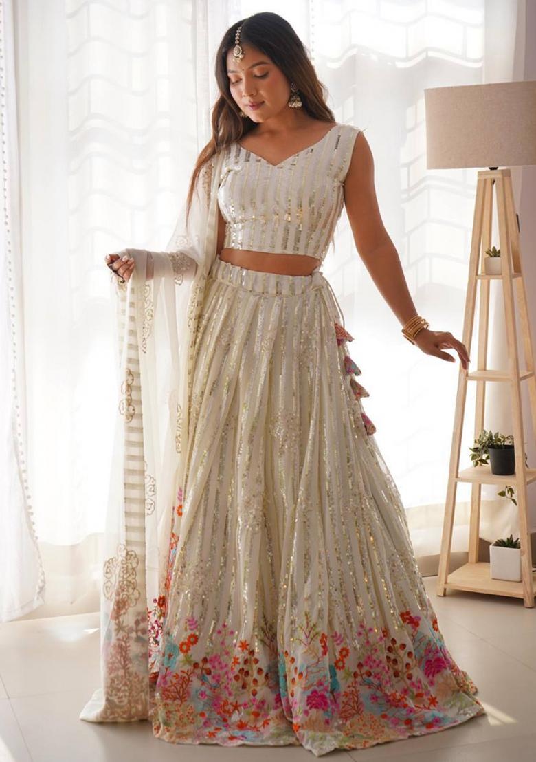 White Embroiderd Georgette Lehenga Set - Indya