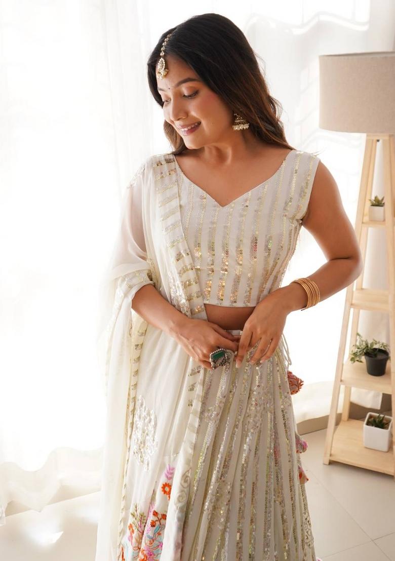 White Embroiderd Georgette Lehenga Set - Indya
