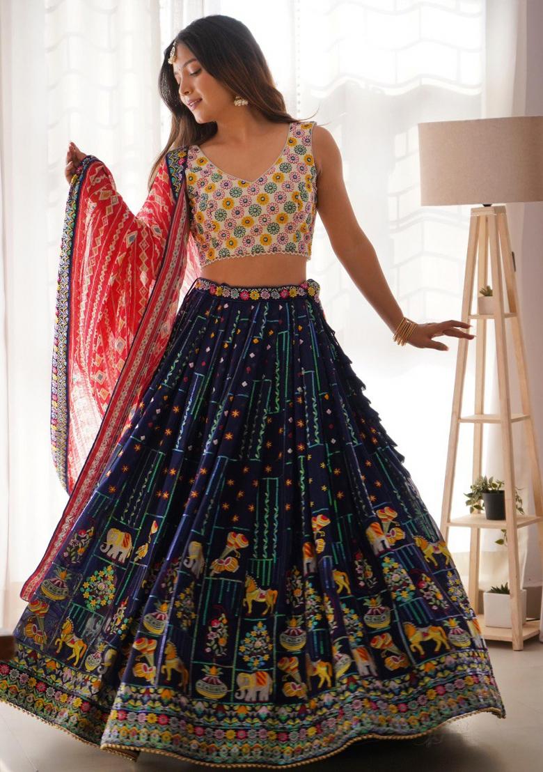 Blue Embroiderd Georgette Lehenga Set - Indya