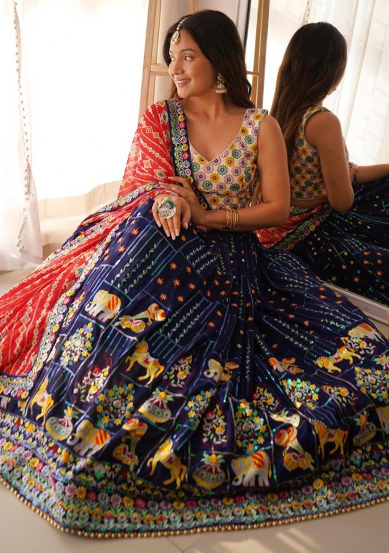 Blue Embroiderd Georgette Lehenga Set - Indya