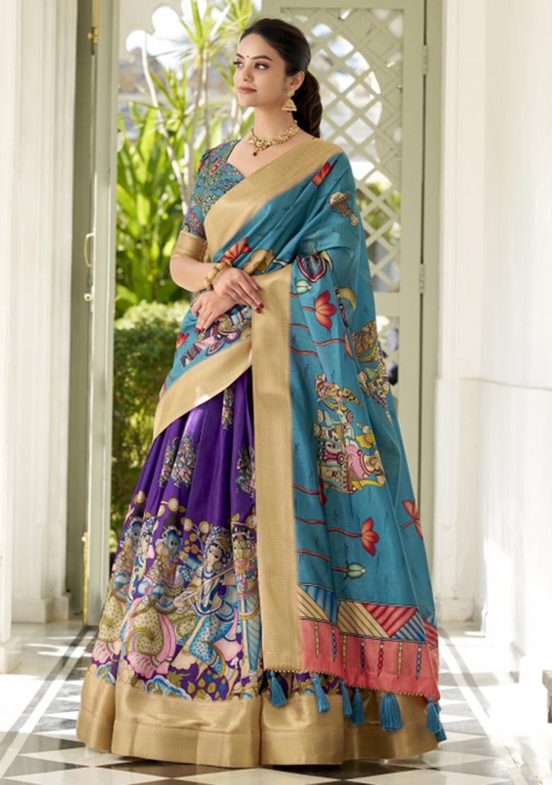 Purple Embroiderd Silk Lehenga Set - Indya