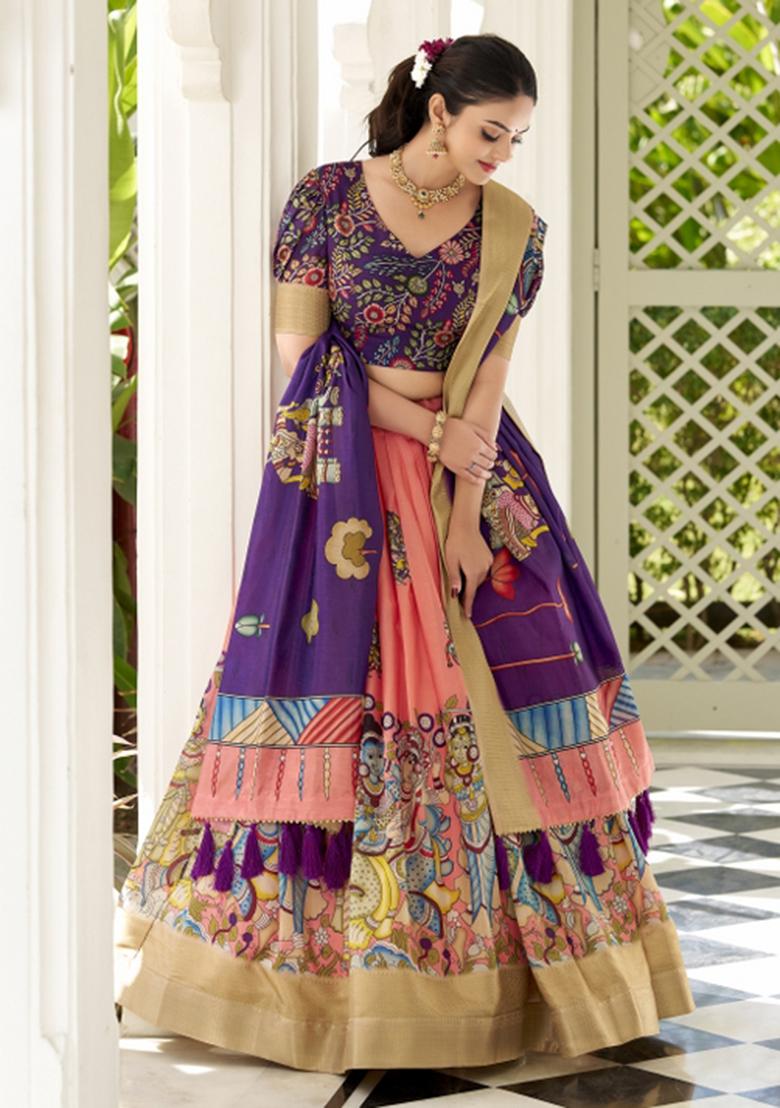 Peach Embroiderd Silk Lehenga Set - Indya