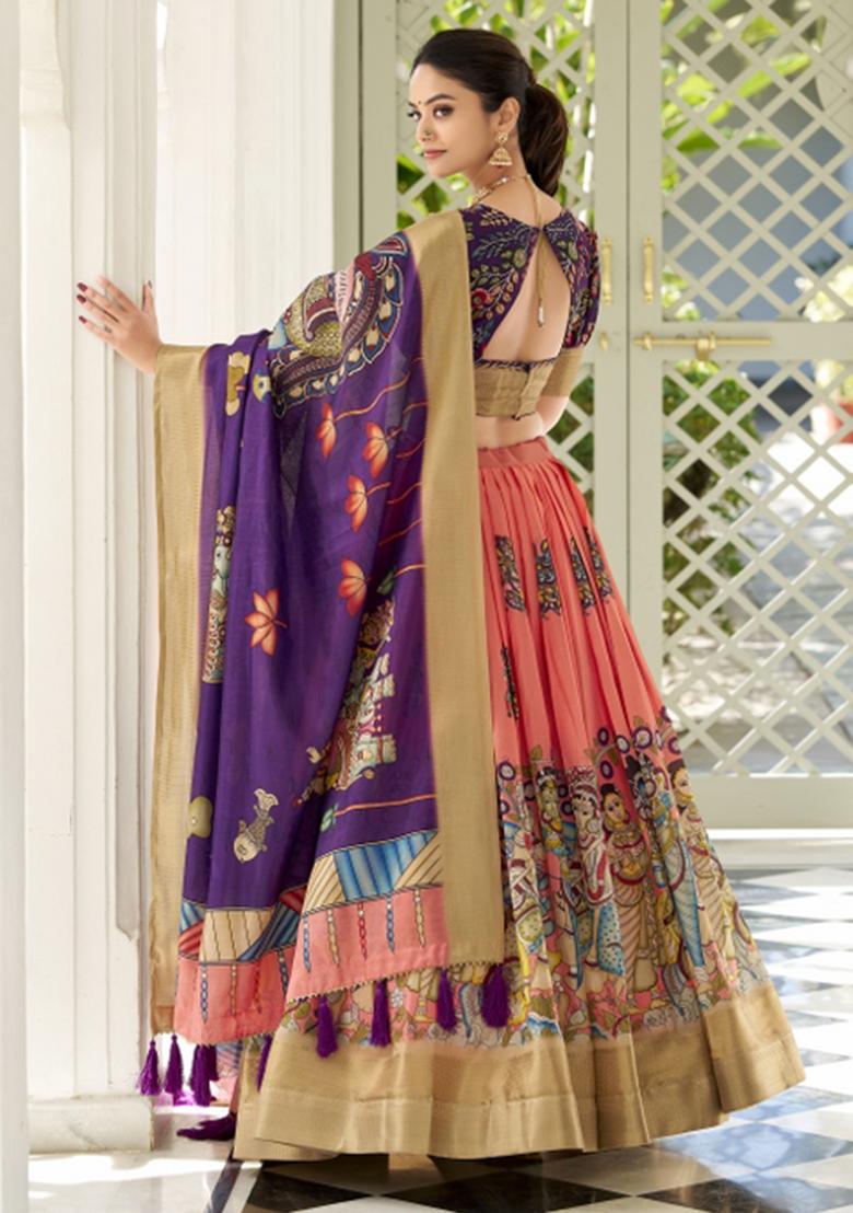 Peach Embroiderd Silk Lehenga Set