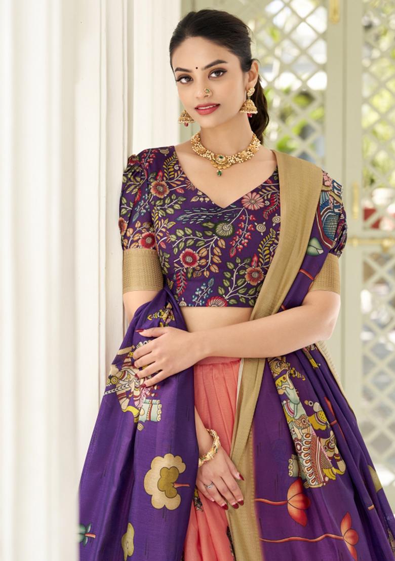 Peach Embroiderd Silk Lehenga Set - Indya