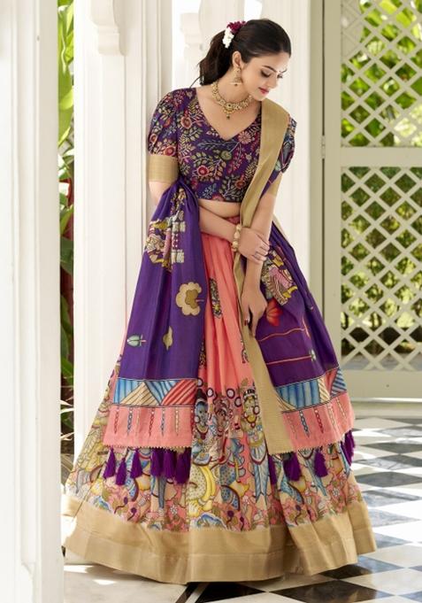 Peach Embroiderd Silk Lehenga Set