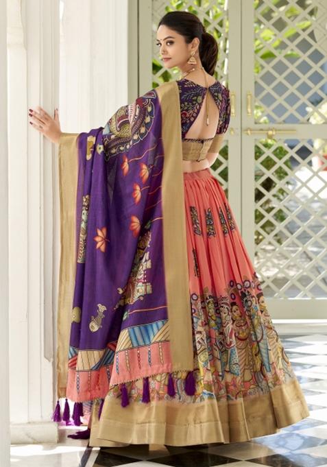 Peach Embroiderd Silk Lehenga Set