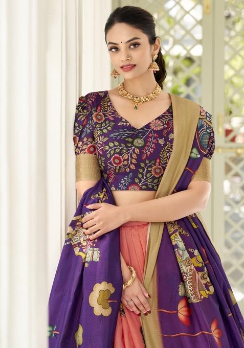 Peach Embroiderd Silk Lehenga Set