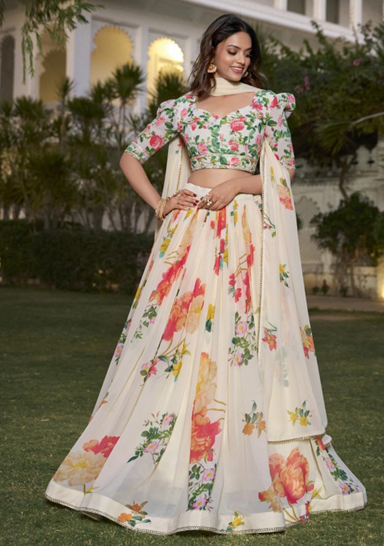 White Embroiderd Georgette Lehenga Set - Indya