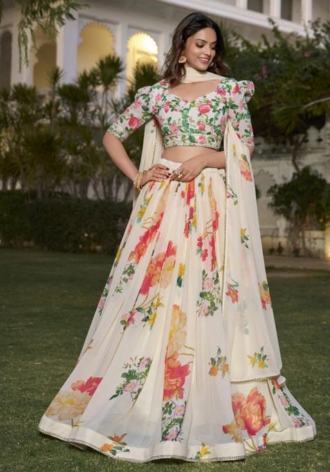 White Embroiderd Georgette Lehenga Set