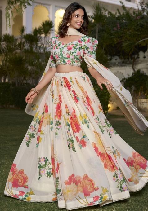 White Embroiderd Georgette Lehenga Set