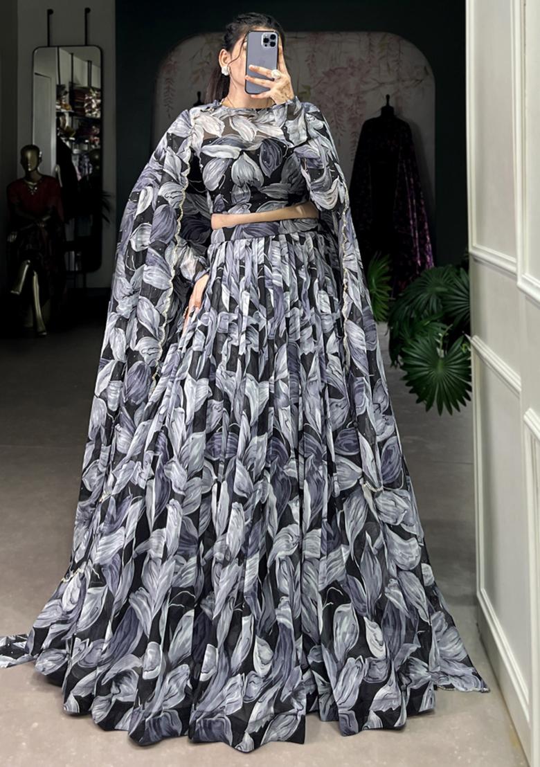 Black Embroiderd Silk Lehenga Set - Indya