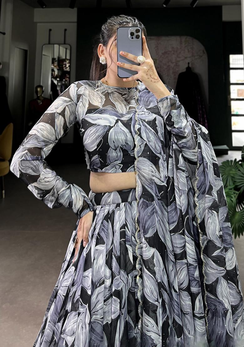 Black Embroiderd Silk Lehenga Set - Indya