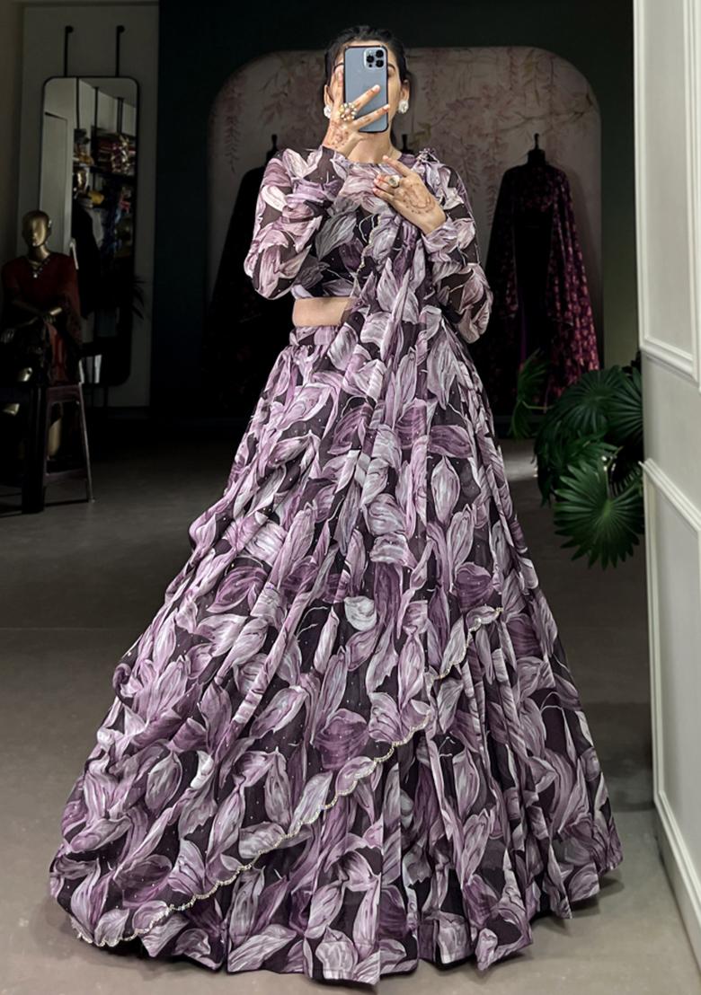 Brown Embroiderd Silk Lehenga Set - Indya