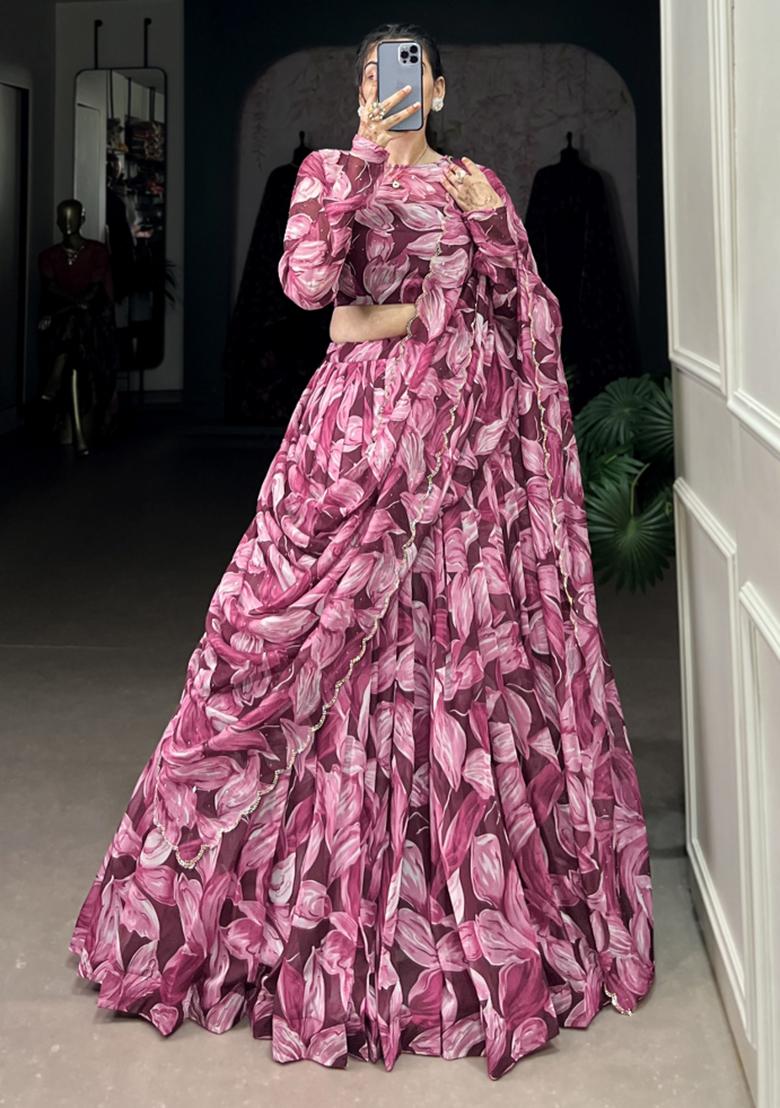 Maroon Embroiderd Silk Lehenga Set - Indya