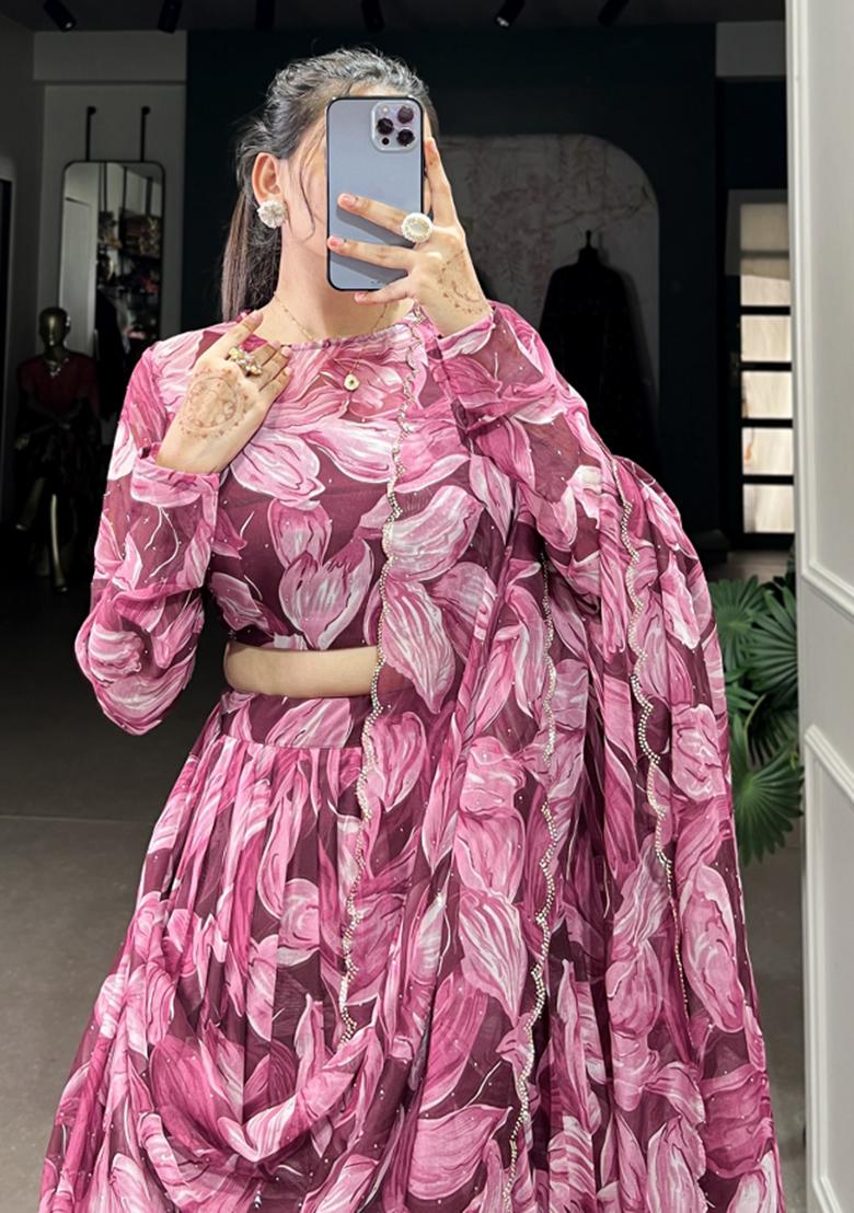 Maroon Embroiderd Silk Lehenga Set - Indya