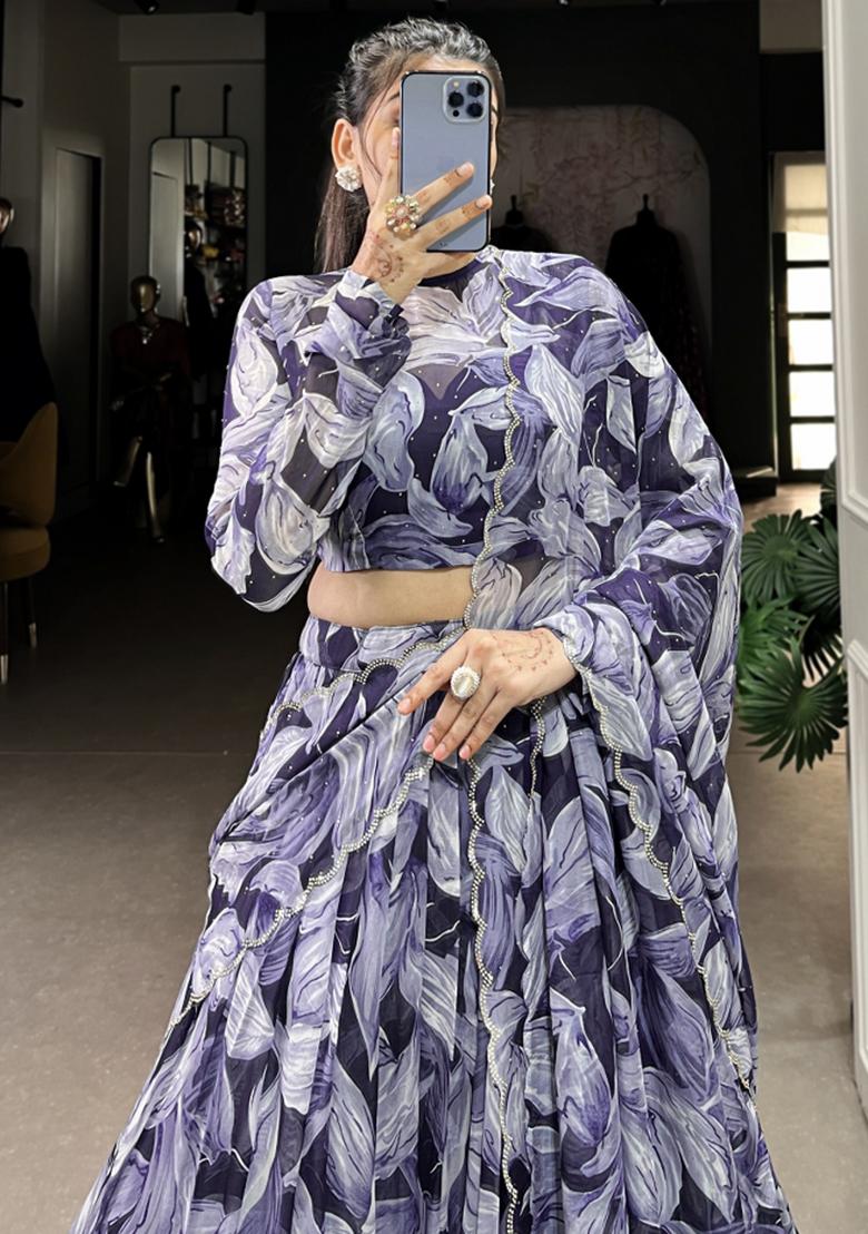 Blue Embroiderd Silk Lehenga Set - Indya