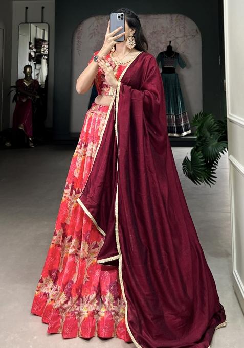 Red Embroiderd Silk Lehenga Set