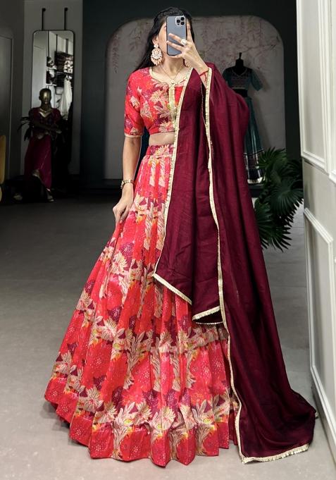 Red Embroiderd Silk Lehenga Set