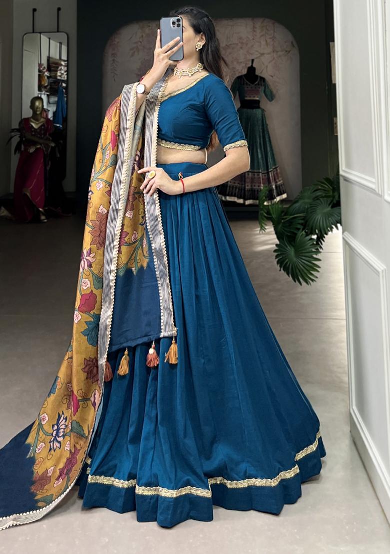 Blue Embroiderd Silk Lehenga Set - Indya