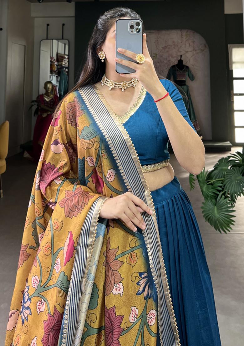 Blue Embroiderd Silk Lehenga Set - Indya