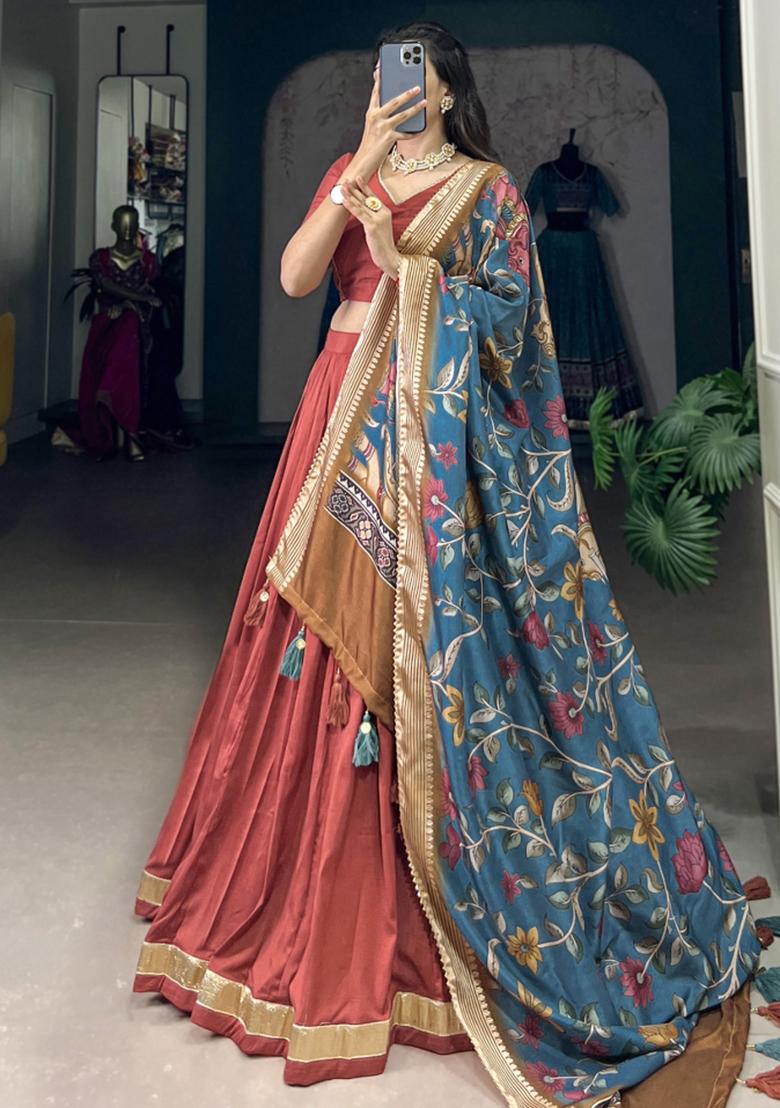 Orange Embroiderd Silk Lehenga Set - Indya