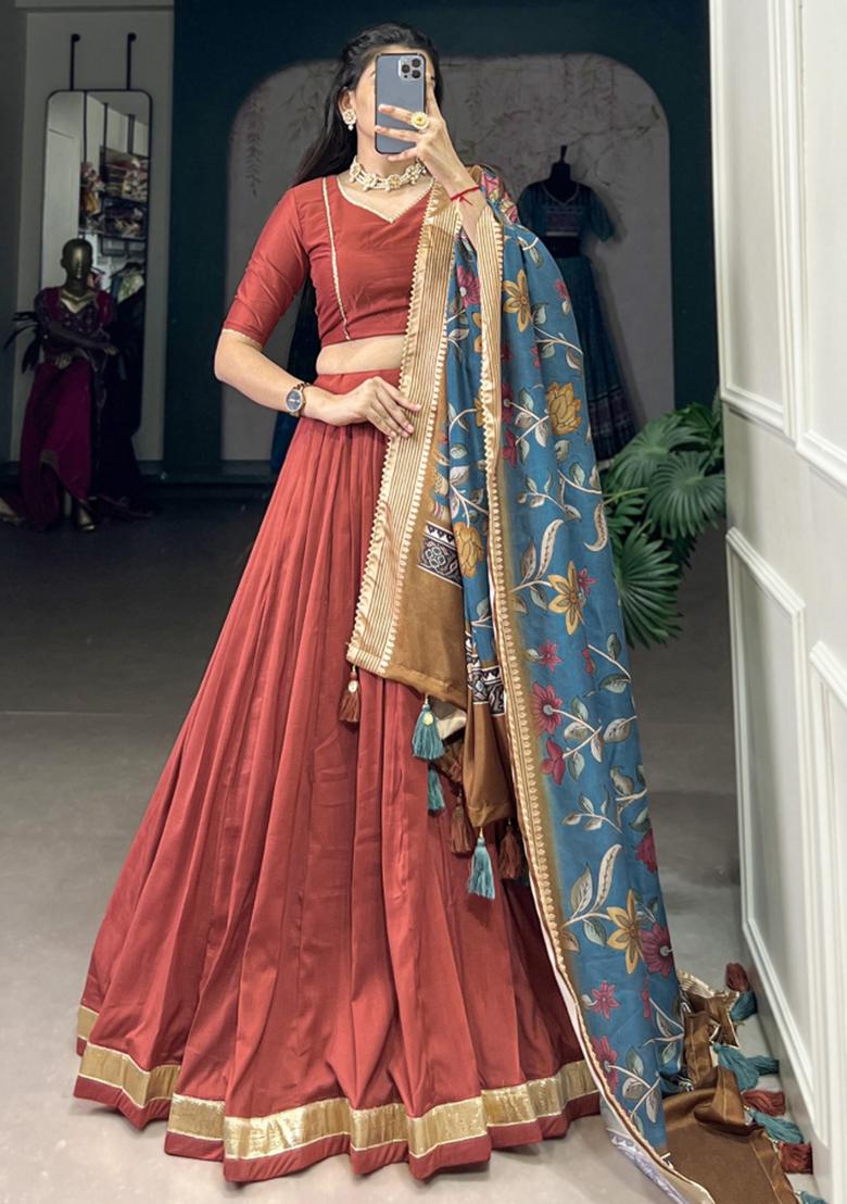 Orange Embroiderd Silk Lehenga Set - Indya