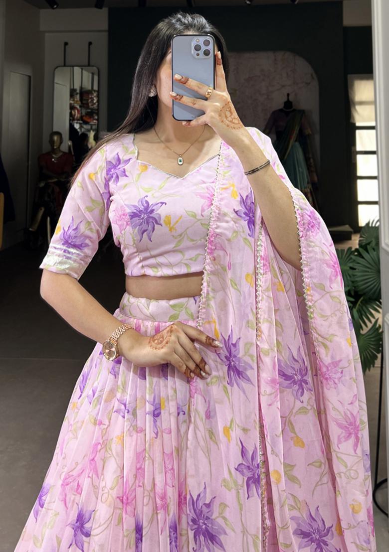 Pink Embroiderd Silk Lehenga Set - Indya