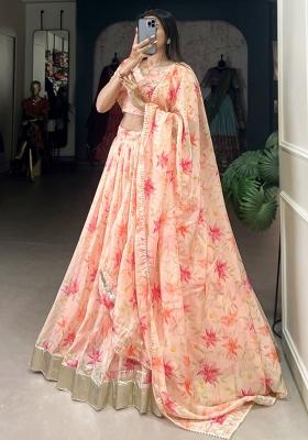Peach Embroiderd Silk Lehenga Set