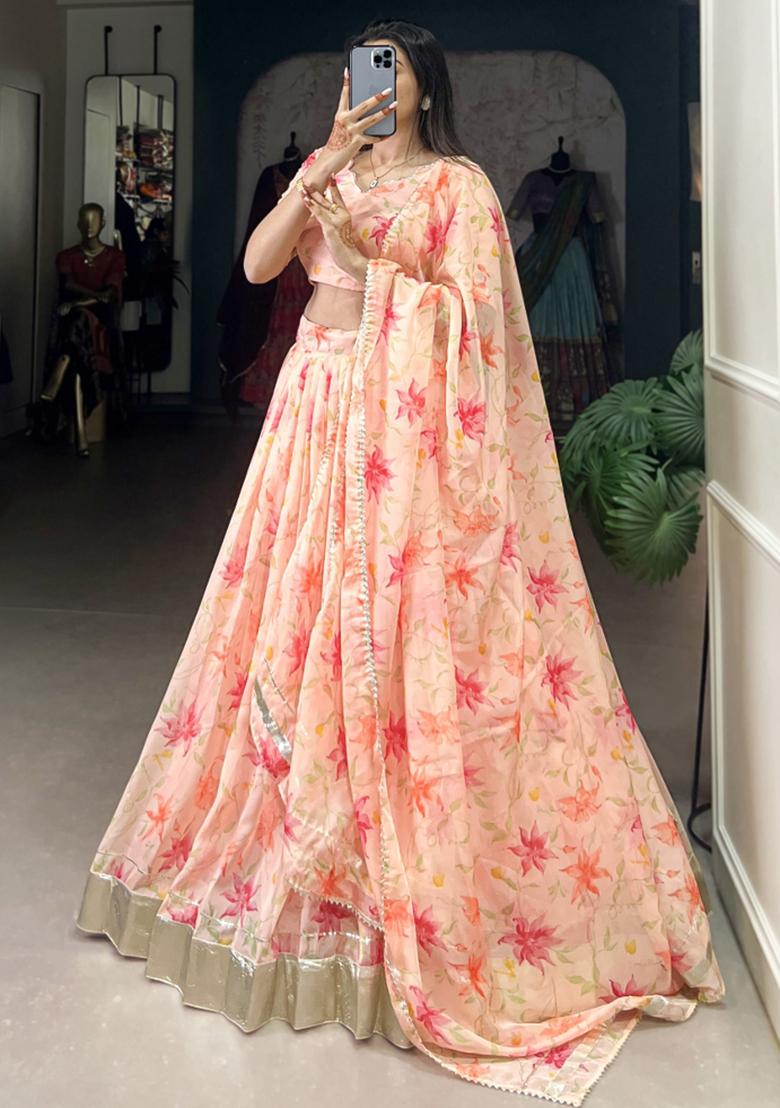 Peach Embroiderd Silk Lehenga Set