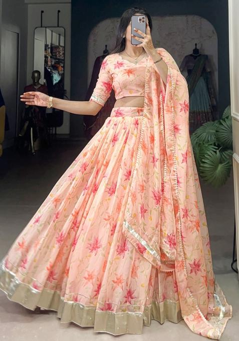 Peach Embroiderd Silk Lehenga Set