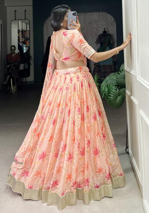 Peach Embroiderd Silk Lehenga Set