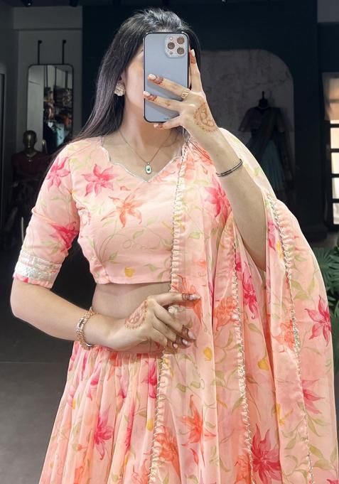 Peach Embroiderd Silk Lehenga Set