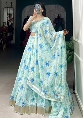 Blue Embroiderd Silk Lehenga Set