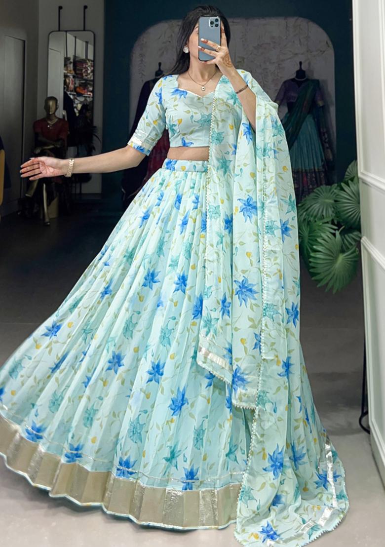 Blue Embroiderd Silk Lehenga Set - Indya