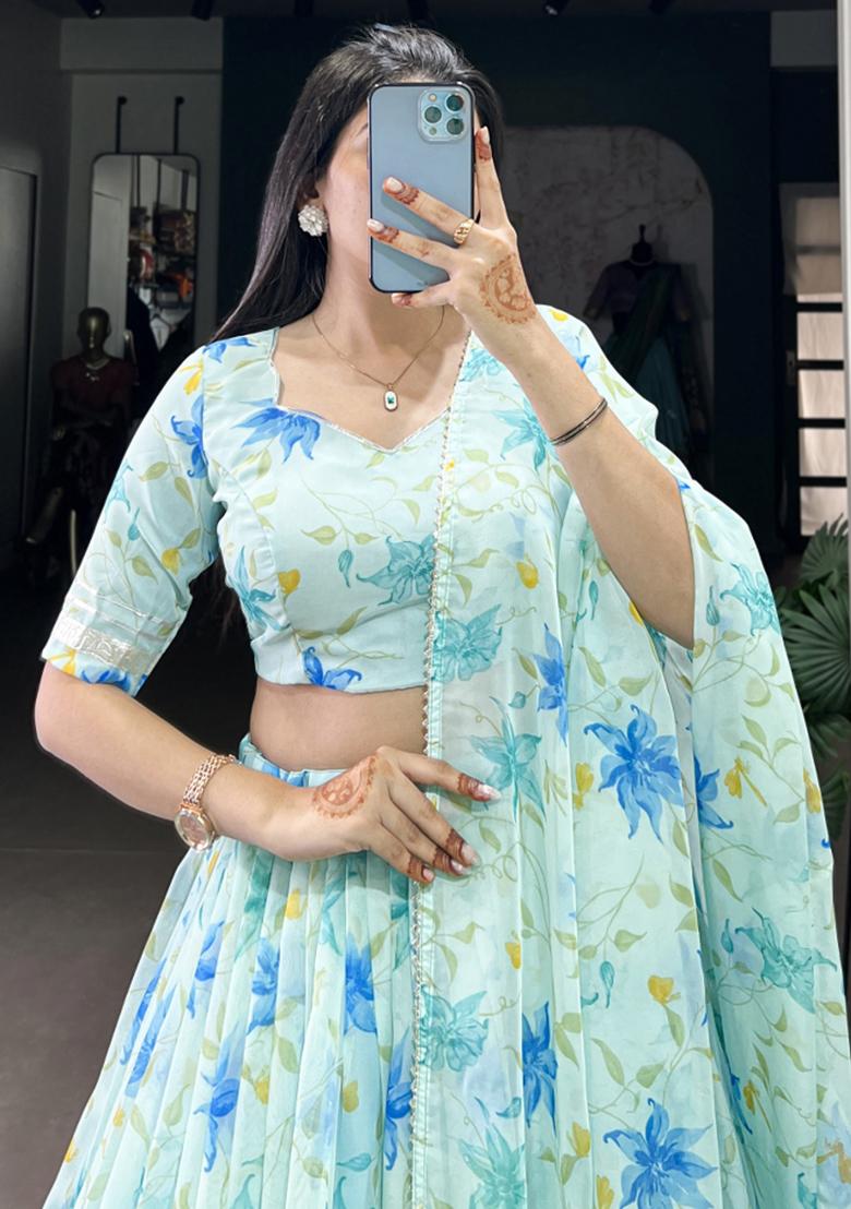 Blue Embroiderd Silk Lehenga Set - Indya