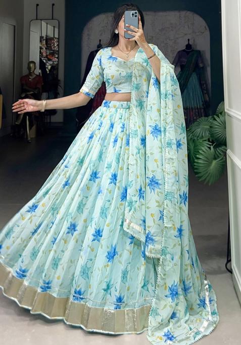 Blue Embroiderd Silk Lehenga Set