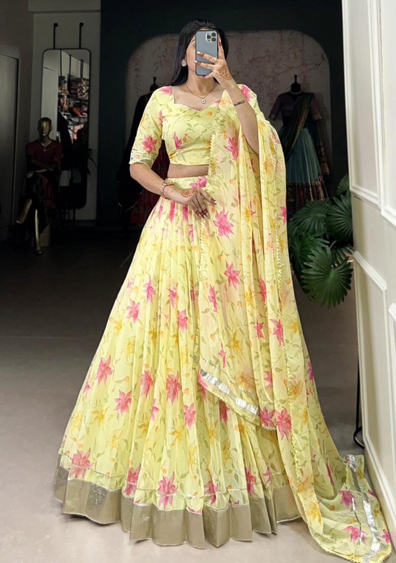 Yellow Embroiderd Silk Lehenga Set - Indya