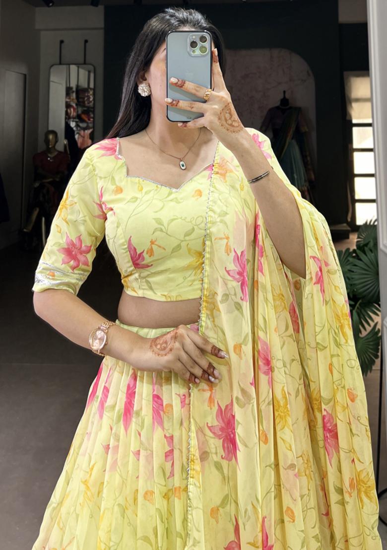 Yellow Embroiderd Silk Lehenga Set - Indya