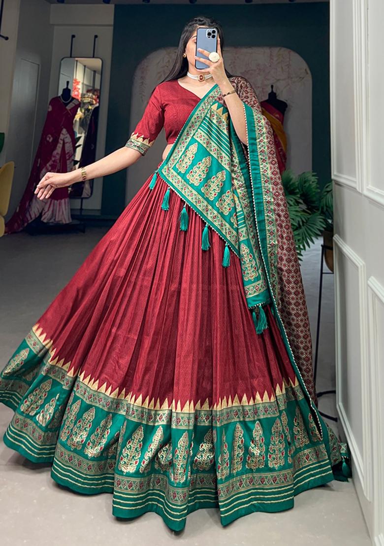 Red Embroiderd Silk Lehenga Set - Indya