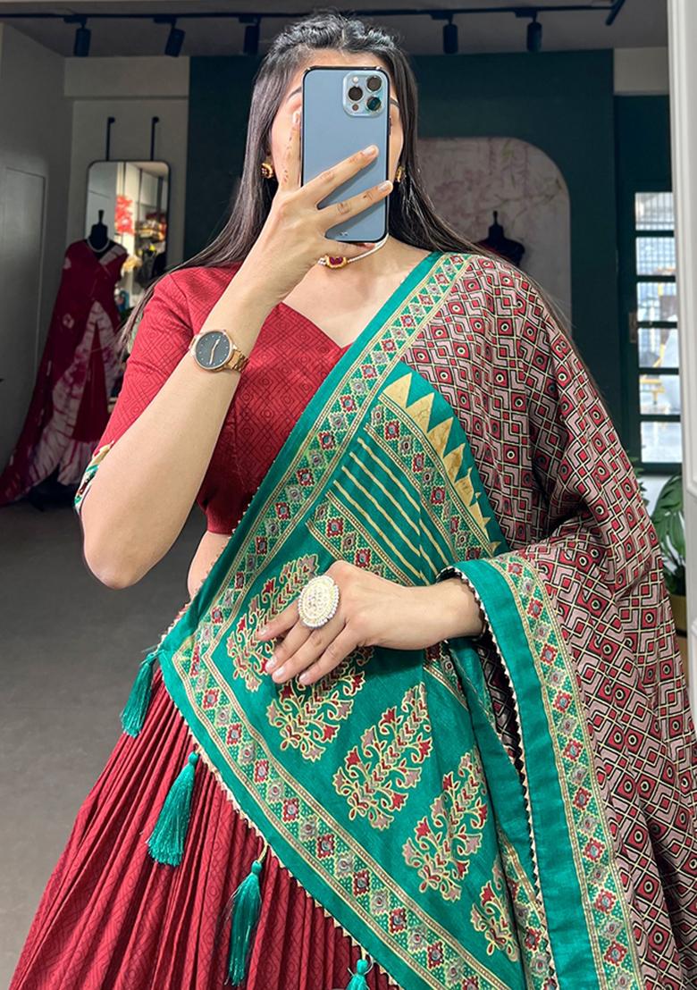 Red Embroiderd Silk Lehenga Set - Indya