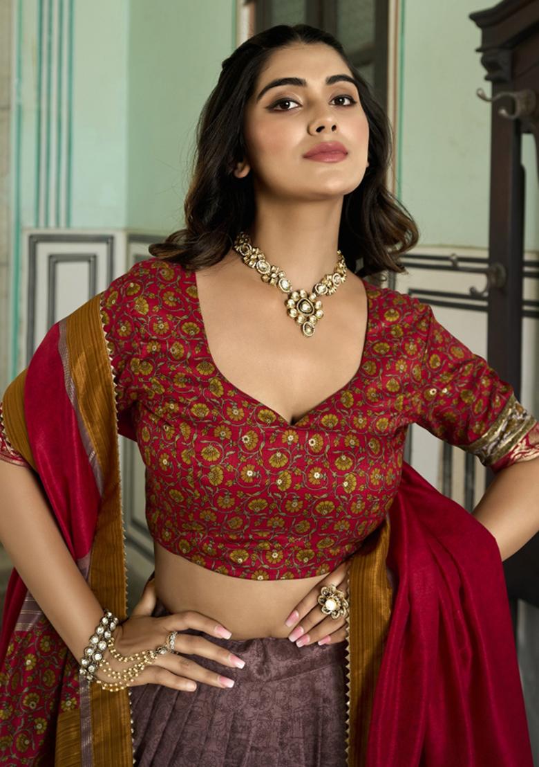 Red Embroiderd Silk Lehenga Set - Indya