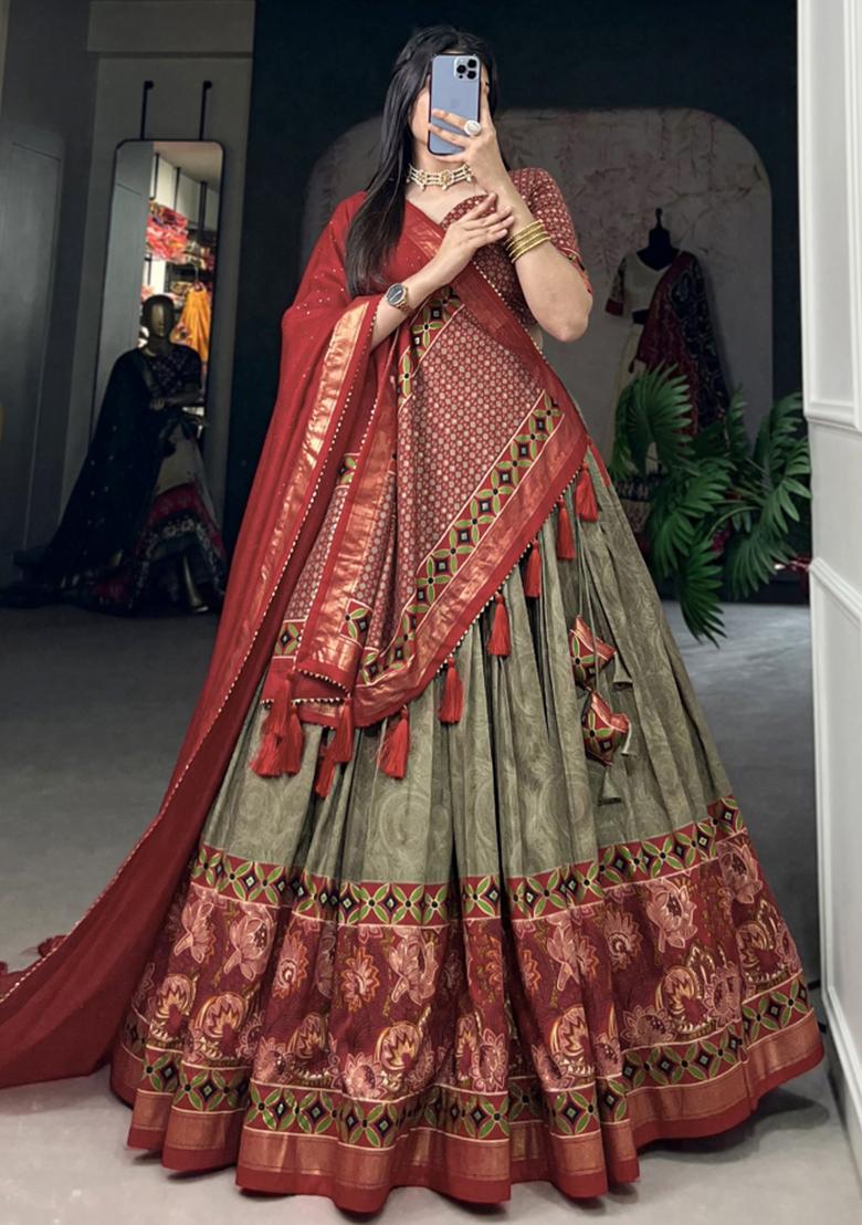 Green Embroiderd Silk Lehenga Set