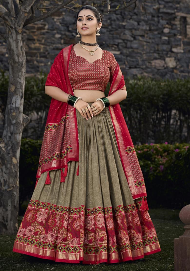 Green Embroiderd Silk Lehenga Set - Indya