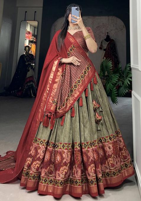 Green Embroiderd Silk Lehenga Set