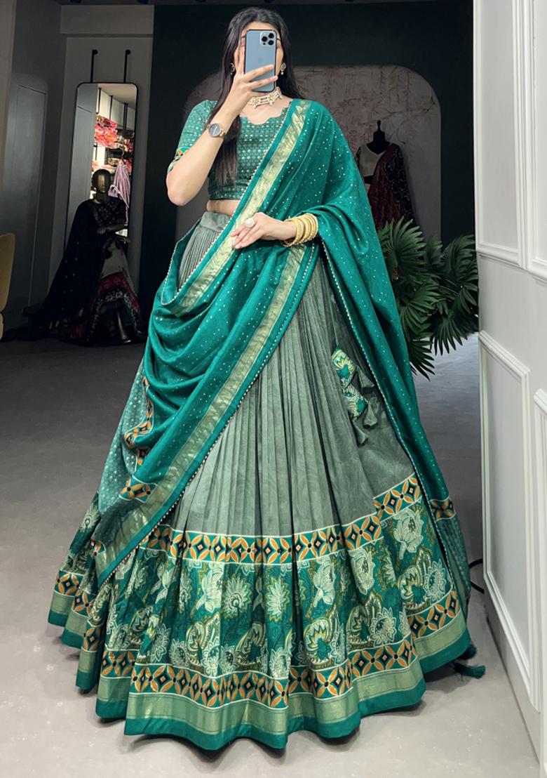 Green Embroiderd Silk Lehenga Set - Indya