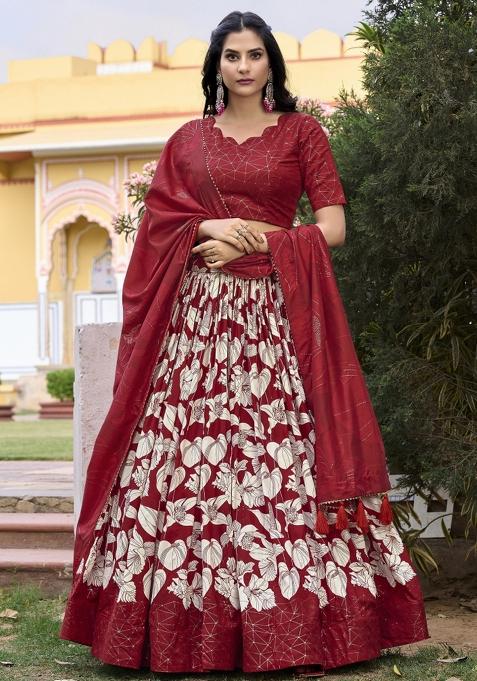 Red Embroiderd Silk Lehenga Set