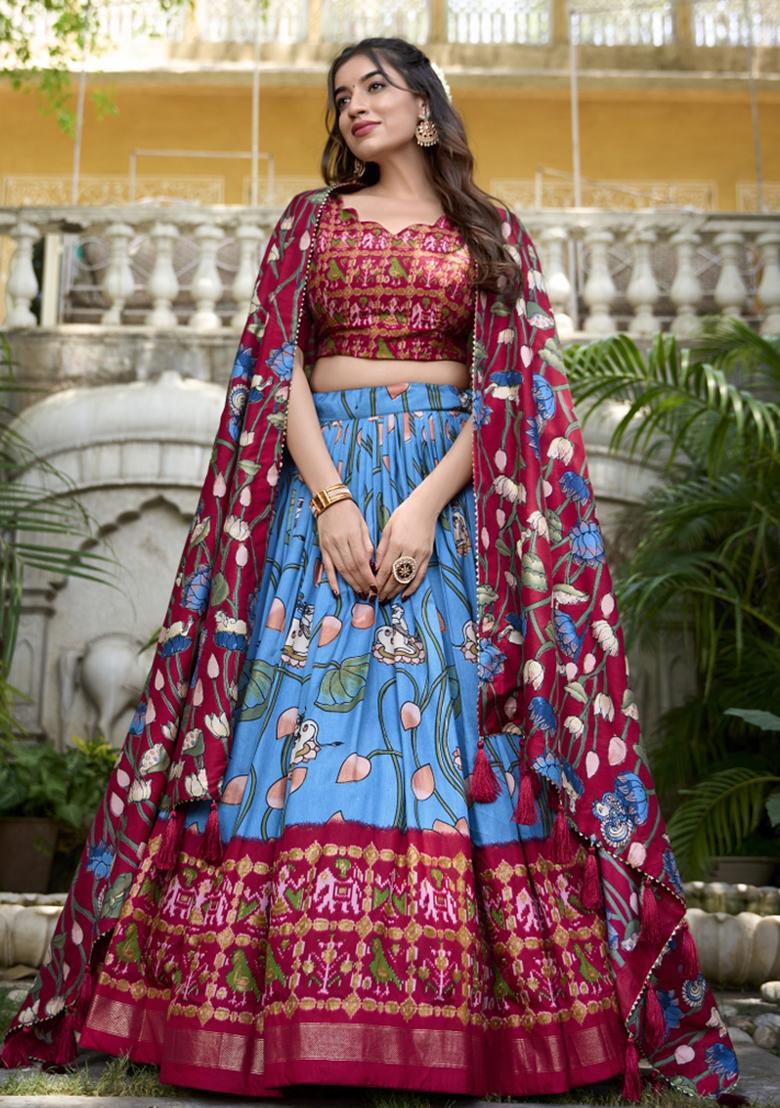 Blue Embroiderd Silk Lehenga Set - Indya